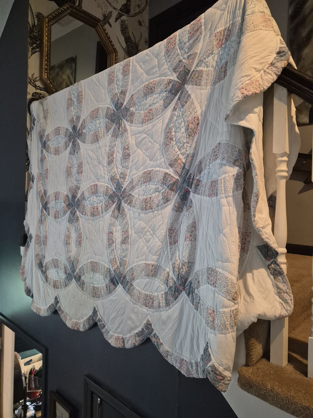Vintage Double Wedding Ring Patchwork Quilt in White with Pastel Accents